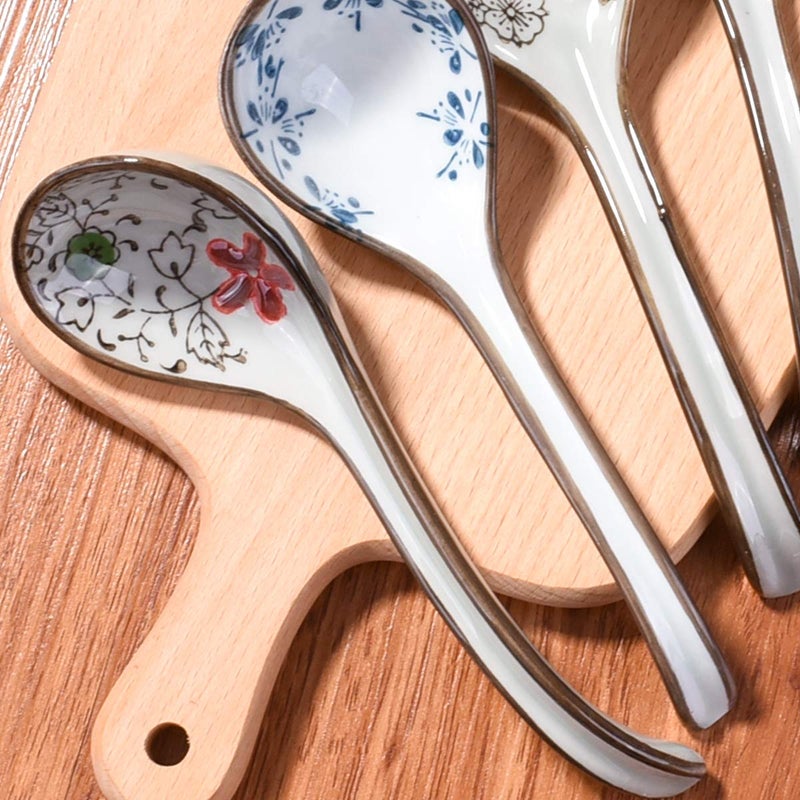 Cerficer Japanese and Korean Large Ceramic Soup Spoon Set of 5 Hand-Painted Long Handle Rice Spoons - Image 5